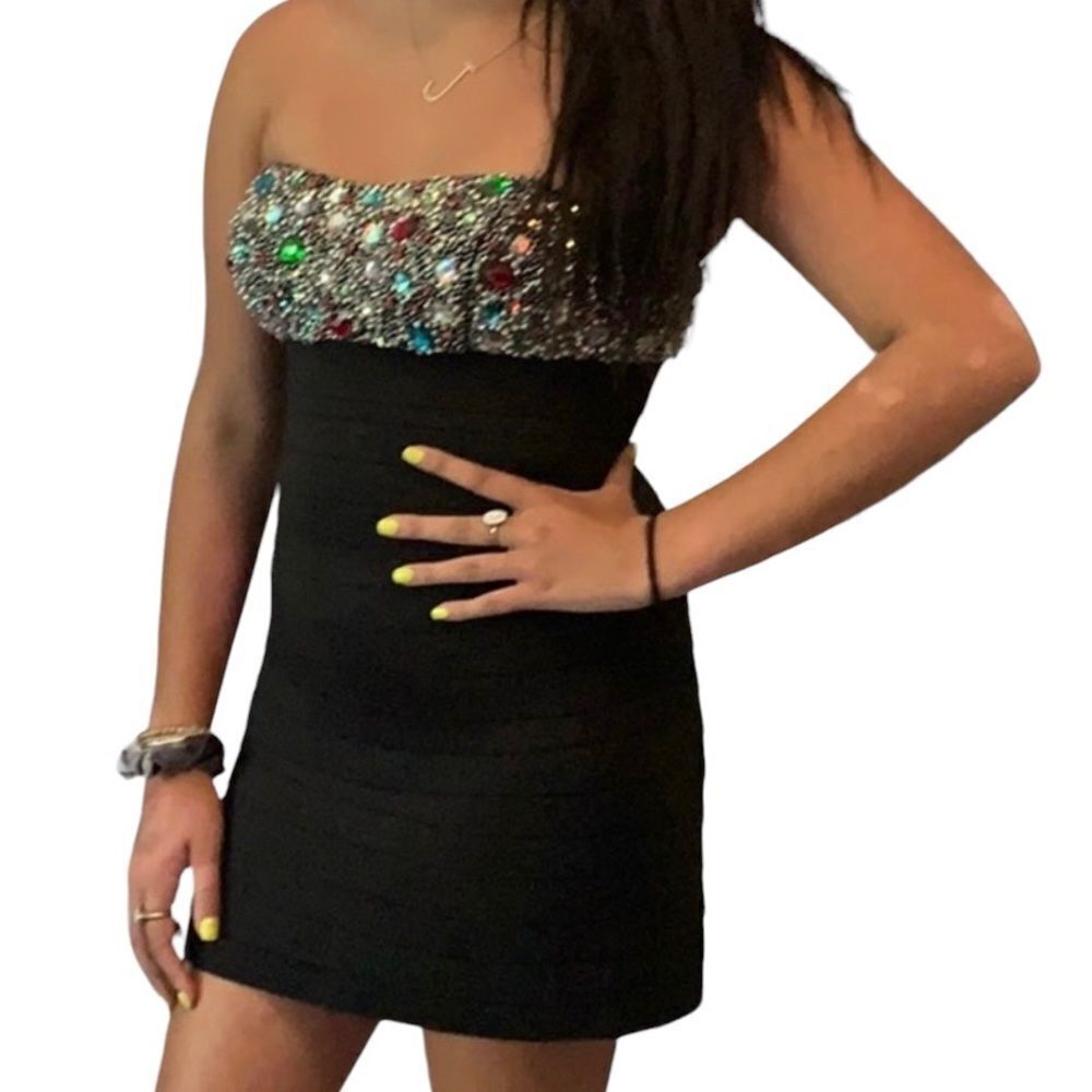 Vintage Sherri Hill Y2K Black Jeweled Rhinestone Strappy Mini Cocktail Dress 2